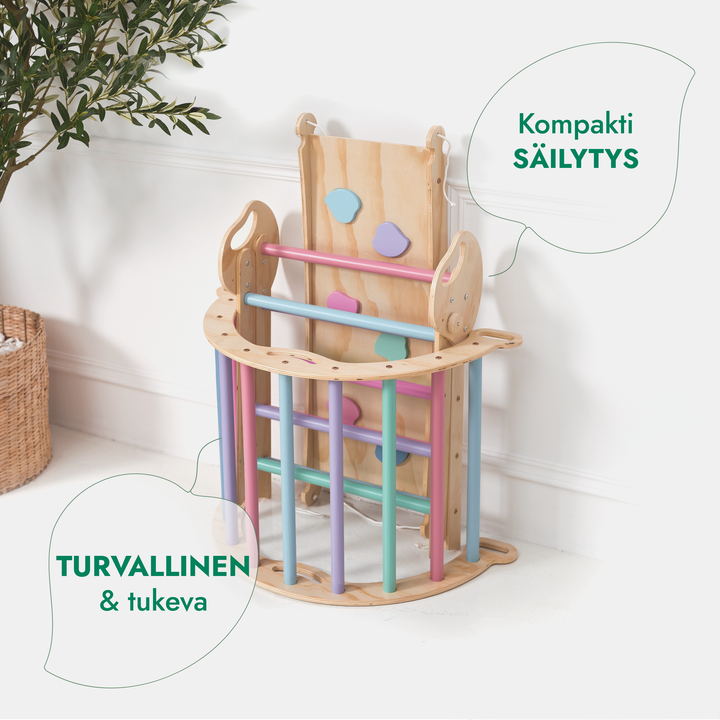 4-in-1 Montessori -kiipeilysarja: Piklerin kolmio, Kaari, Liukumäkilauta ja tyyny taaperoille (1–3 vuotta) – Pastellisävyt