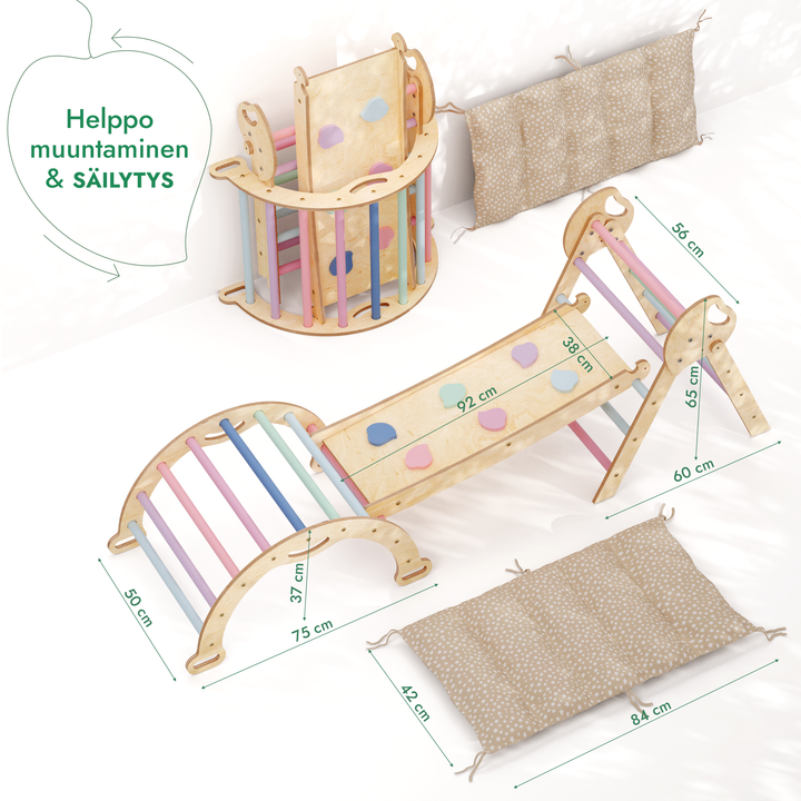 4-in-1 Montessori -kiipeilysarja: Piklerin kolmio, Kaari, Liukumäkilauta ja tyyny taaperoille (1–3 vuotta) – Pastellisävyt