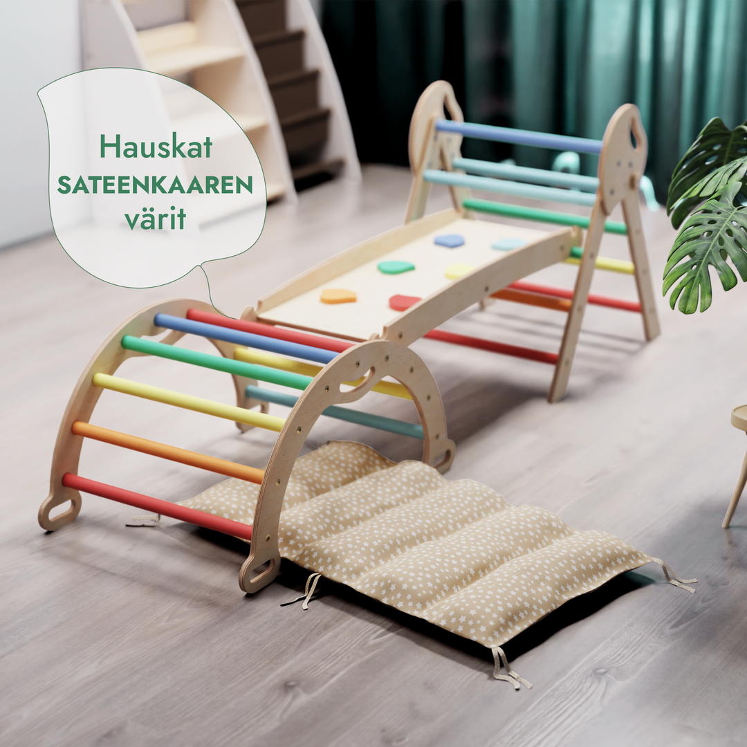 4-in-1 Montessori -kiipeilysarja: Piklerin kolmio, Kaari, Liukumäkilauta ja tyyny taaperoille (1–3 vuotta) – Sateenkaari