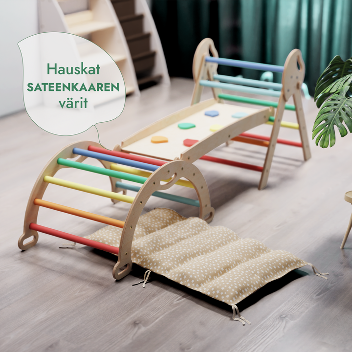 4-in-1 Montessori -kiipeilysarja: Piklerin kolmio, Kaari, Liukumäkilauta ja tyyny taaperoille (1–3 vuotta) – Sateenkaari