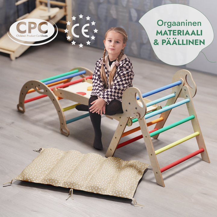 4-in-1 Montessori -kiipeilysarja: Piklerin kolmio, Kaari, Liukumäkilauta ja tyyny taaperoille (1–3 vuotta) – Sateenkaari