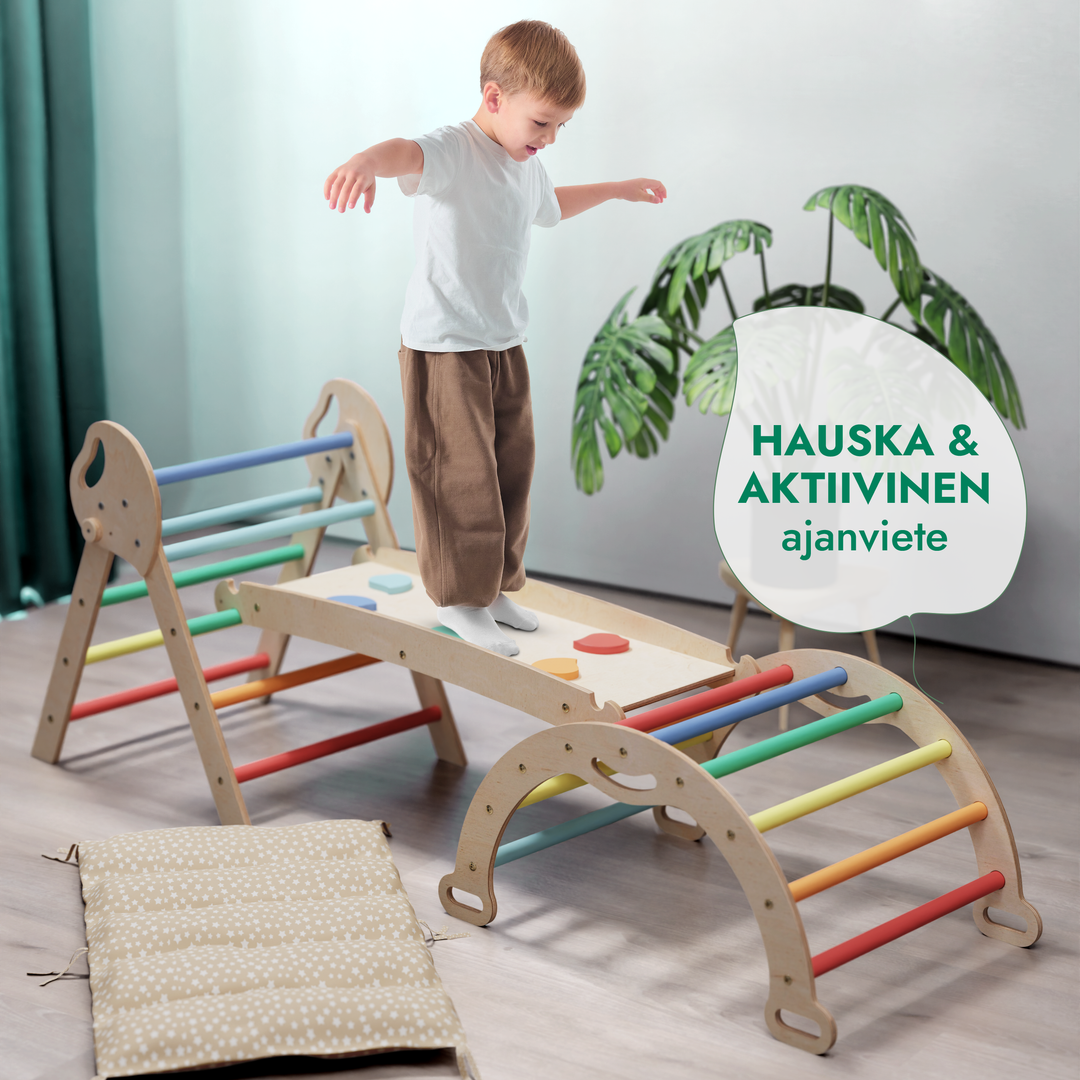 4-in-1 Montessori -kiipeilysarja: Piklerin kolmio, Kaari, Liukumäkilauta ja tyyny taaperoille (1–3 vuotta) – Sateenkaari