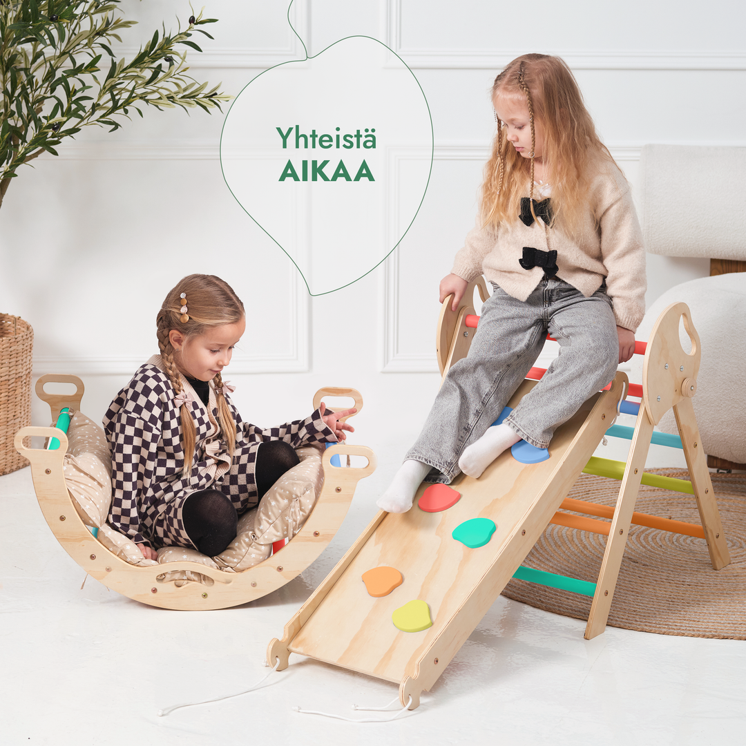 4-in-1 Montessori -kiipeilysarja: Piklerin kolmio, Kaari, Liukumäkilauta ja tyyny taaperoille (1–3 vuotta) – Sateenkaari