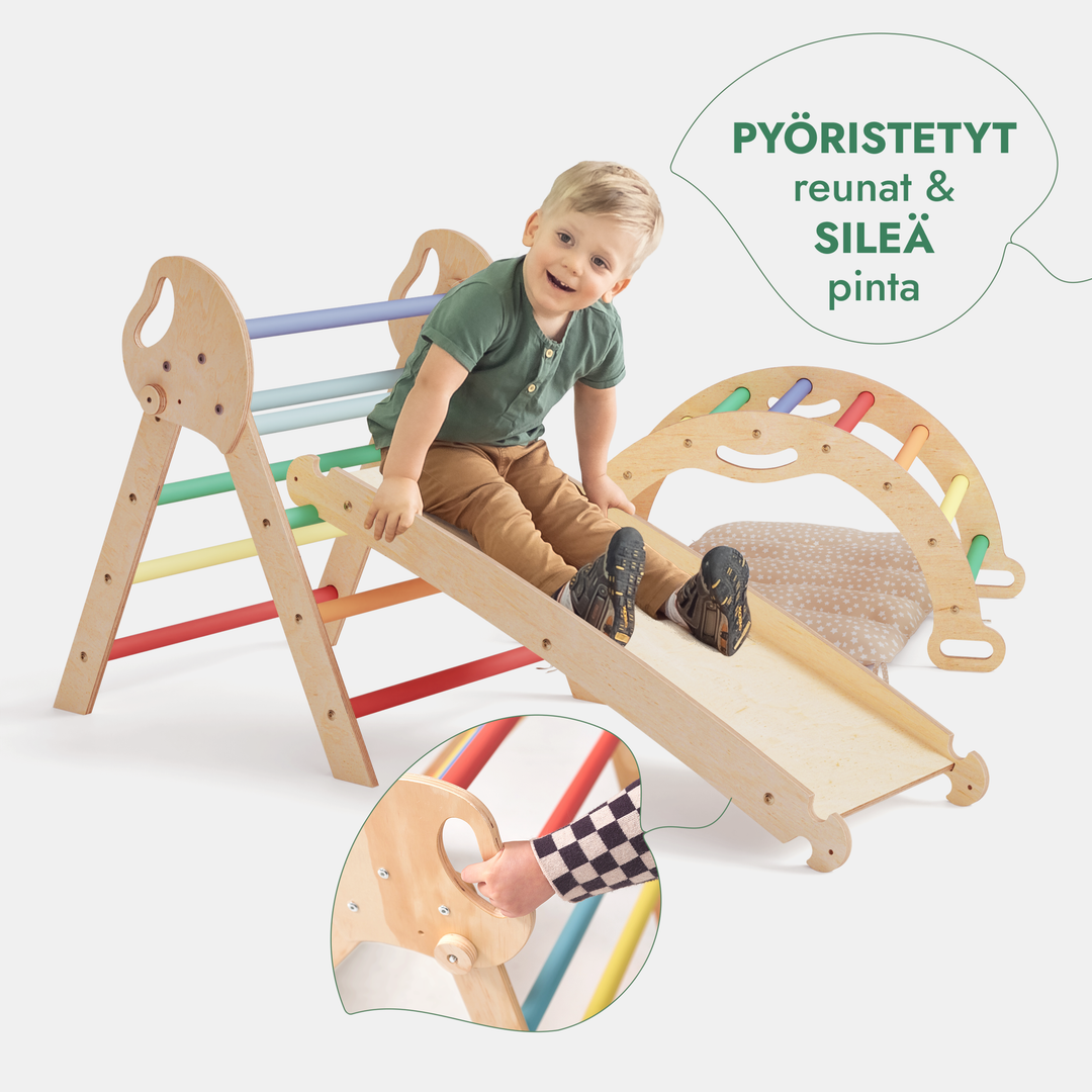 4-in-1 Montessori -kiipeilysarja: Piklerin kolmio, Kaari, Liukumäkilauta ja tyyny taaperoille (1–3 vuotta) – Sateenkaari