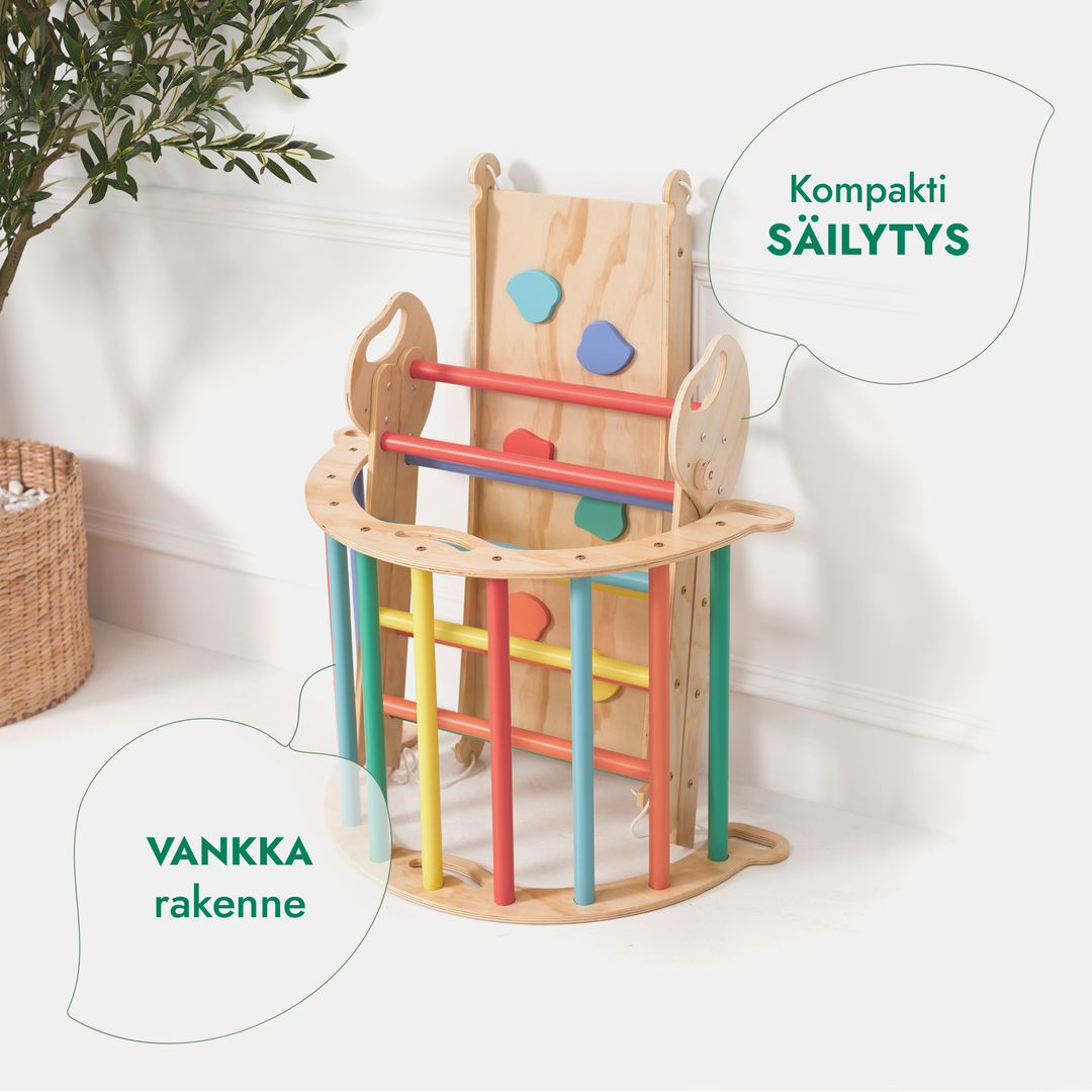 4-in-1 Montessori -kiipeilysarja: Piklerin kolmio, Kaari, Liukumäkilauta ja tyyny taaperoille (1–3 vuotta) – Sateenkaari